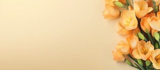 Leinwandbilder - Banner design with a charming bouquet of freesia flowers on a beige background Perfect for adding text with enough room for copy space image