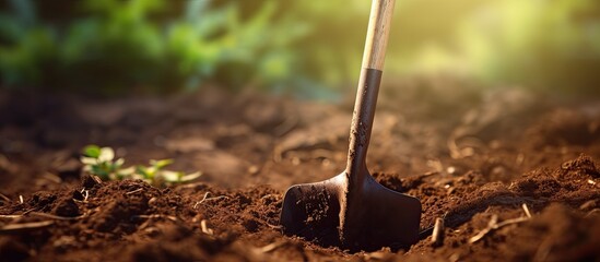 Sticker - Gardening tool being used to shovel soil outdoors creating ample space for text in the image