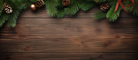 Poster - A festive Christmas themed image featuring a wood texture backdrop with a square frame at the top showcasing a beautiful fir tree 152 characters. Creative banner. Copyspace image