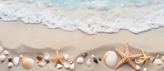 Poster - Copy space image with seashells stones and sea stars scattered on the sandy beach creating a summer beach background that evokes a travel concept