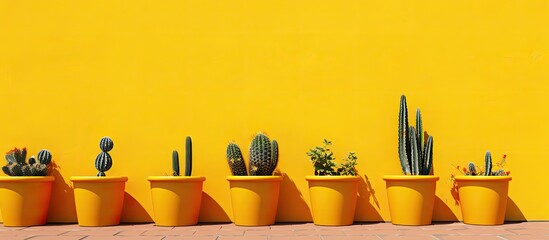 Poster - A yellow wall is adorned with large potted cacti. Creative banner. Copyspace image