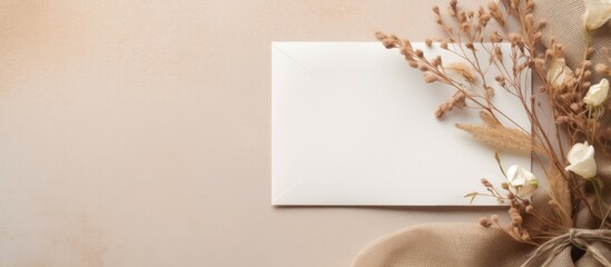 Poster - Top view of a beige background with a mockup of an invitation or greeting card It features an envelope beautifully decorated with dry plants leaving ample copy space
