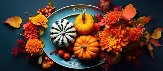 Wall Mural - Above view of a floral composition for Thanksgiving Day featuring colorful pumpkins fallen leaves and an orange plate in the center providing copy space for text Square image
