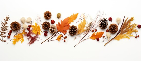 Aufkleber - Top view of a white background adorned with a fall themed composition The arrangement includes dried leaves cotton flowers and pine cones providing ample space for any desired content or image