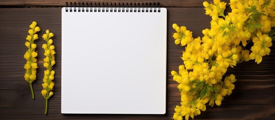 Wall Mural - Copy space image of yellow barberry flowers and a blank notepad placed on a rustic wooden background