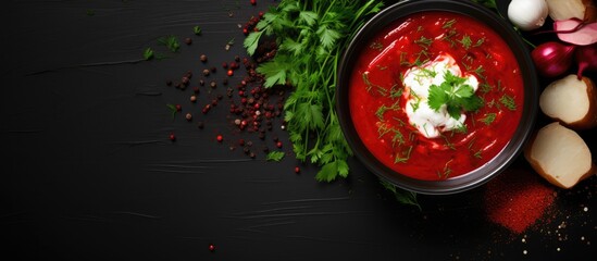 Aufkleber - A traditional bowl of Borscht soup rests on a black table presented in a flat lay style with ample copy space for additional elements