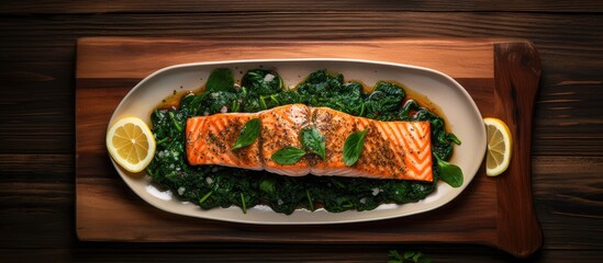 Wall Mural - Top view of a grilled salmon dish with a side of spinach perfect for showcasing in a copy space image