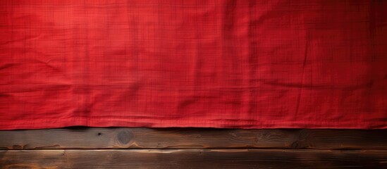 Aufkleber - An old wooden table is shown from above with a vibrant red tablecloth leaving an empty space for adding an image. Creative banner. Copyspace image
