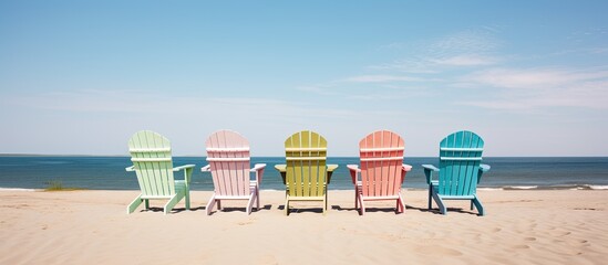 Poster - There are empty Adirondack chairs placed on the sandy beach creating a visually appealing copy space image