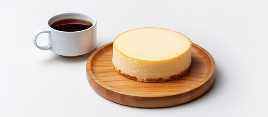 Canvas Print - A cheesecake on a wooden plate sits alongside a cup of black coffee on a white background creating a flat lay composition with empty space for text or graphics. Creative banner. Copyspace image