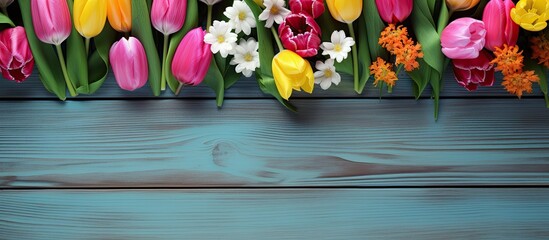 Poster - A vibrant bouquet of flowers placed on a background of green wooden planks providing ample space for a copy space image