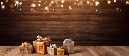 Aufkleber - A festive backdrop with gift boxes is set against a beautiful brown backdrop made of vintage boards The birthday celebration is indicated by a number 31 creating ample copy space for additional eleme