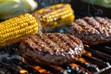 Wall Mural - Hamburgers and corn on the cob grilling on a barbecue with visible grill marks and juicy textures