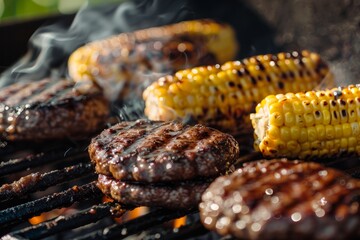 Poster - Close-up view of hamburgers and corn on the cob sizzling on a grill, showcasing juicy textures and charred grill marks