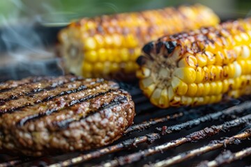 Canvas Print - Closeup of hamburgers and corn on the cob cooking on the grill, showcasing juicy textures and charred grill marks