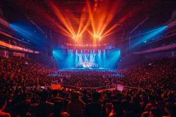 Wall Mural - A diverse crowd of people at a concert venue, lively and immersed in the music, illuminated by bright lights from the colorful stage