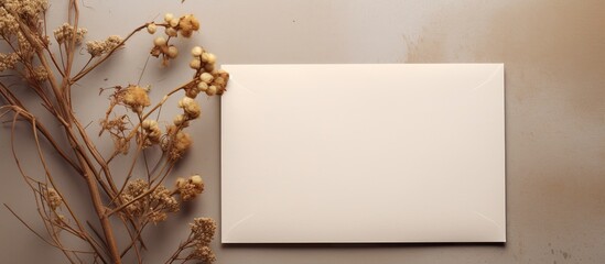 Poster - Top view of a beige background with a mockup of an invitation or greeting card It features an envelope beautifully decorated with dry plants leaving ample copy space
