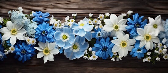 Aufkleber - A visually striking arrangement of blue and white flowers on a wooden background captured from an overhead perspective with empty space for additional content
