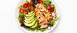 © HN Works - A healthy lunch featuring grilled chicken fillet and vegetable salad topped with avocado photographed from above with a white background The image provides empty space for text or other additions