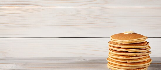 Poster - Top view of a stack of pancakes displayed on a white wooden table creating a visually appealing copy space image