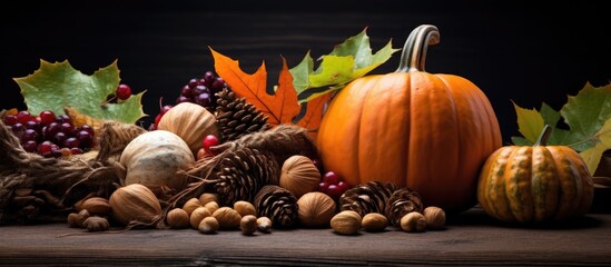 Poster - A harvest themed still life composition featuring a decorative pumpkin acorns nuts and autumn leaves on a dark stone table Perfect for autumn or Thanksgiving copy space images