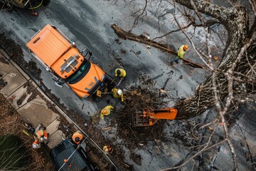 A group of construction workers collaborating near a tree to clear storm debris from residential streets, showcasing teamwork and coordination