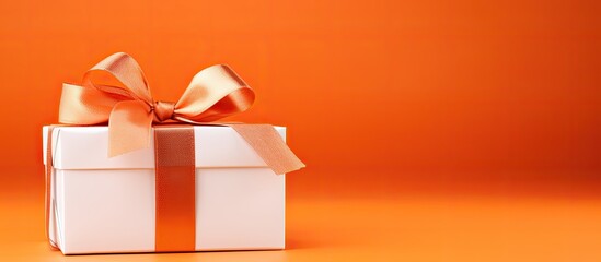 Sticker - The white gift box with a red ribbon is set against an orange background offering ample copy space for posting messages and advertising representing joyful moments