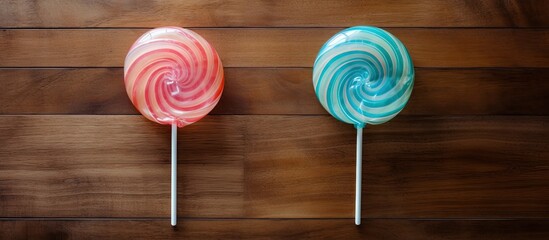 Aufkleber - A top down view of two circular lollipops on a wooden table with empty space for text or images. Creative banner. Copyspace image