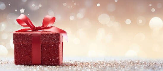 Aufkleber - A festive red gift box with a ribbon bow decorated with a Christmas New Year theme is showcased on a sparkling white glitter background leaving room for text in the copy space image