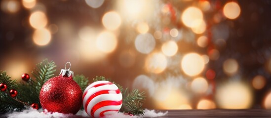Poster - A festive Christmas scene with a beautifully decorated fir tree branch adorned with gift boxes candy cane a red Christmas ball and surrounded by a nice background featuring Christmas lights bokeh Per
