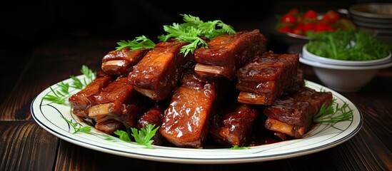 Poster - Image of boiled spareribs on a dish with plenty of space for cooking. Creative banner. Copyspace image