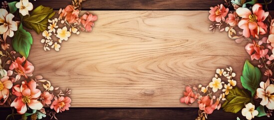 Poster - Wooden background with a floral frame and a card providing ample copy space for images