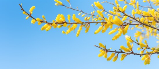 Sticker - A stunning spring scene with bright yellow willow buds blooming against a clear blue sky creating a picturesque copy space image