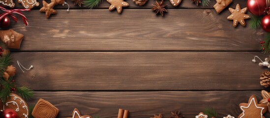 Aufkleber - A festive backdrop of wooden texture sets the stage for delightful Christmas cookies and a paper adorned with a letter all with plenty of space for customization. Creative banner. Copyspace image