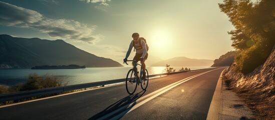 Sticker - A man with a smile rides his bicycle on the road creating a perfect copy space image