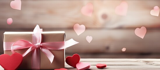 Aufkleber - A pink heart themed gift box for Valentine s Day with a love letter filled with heart shaped designs The craft paper envelope displays an abundance of red hearts creating a beautiful contrast against