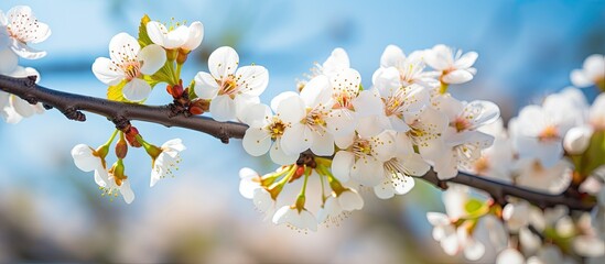 Fototapete - Macro image of a springtime apricot tree in full blossom showcasing its beautiful white flowers The vibrant scene serves as a natural seasonal background providing copy space