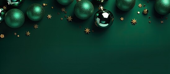 Aufkleber - A festive Christmas background with shiny balls on a green backdrop perfect for flat lay and top view photography Plenty of copy space available