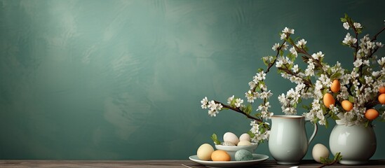 Fototapete - Easter themed table with a decorative background and empty space for your personal touch. Creative banner. Copyspace image