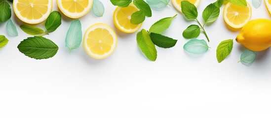 Canvas Print - Copy space image of fresh mint leaves and vibrant lemons arranged on a clean white background creating a refreshing and health conscious atmosphere