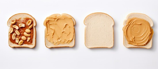 Poster - Copy space image of peanut butter sandwiches or toasts on a light table background representing a breakfast dish in American cuisine suitable for vegetarians
