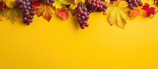 Aufkleber - Top down view of an autumn composition showcasing a frame formed by vibrant red leaves of the girlish grape complemented by green berries all set against a bright yellow backdrop Ample copy space ima