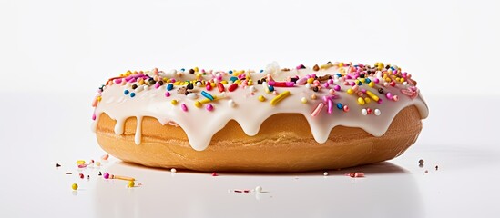 Poster - A donut with a sweet taste displayed on a white background conveys a sense of celebration with its tempting appearance Copy space image