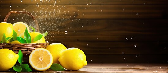 Poster - A fresh lemon is being sprinkled from a basket over a wooden background in this copy space image