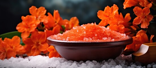 Poster - A stunning composition of orange sea salt and flowers perfect for a relaxing spa treatment Copy space image