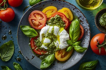 Wall Mural - A top-down view of a black plate filled with slices of tomatoes, fresh basil leaves, creamy mozzarella, and vibrant green pesto sauce