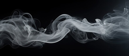 Poster - An abstract white smoke overlay effect emerges over a solid black backdrop creating a nature inspired moving smoky steam wave This concept represents environmental pollution clouds cigarettes gas dry