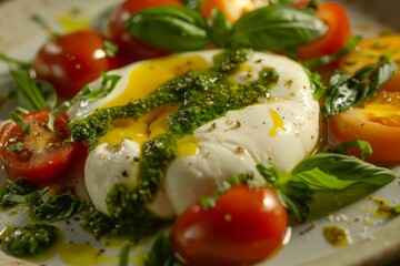 Wall Mural - An angled closeup showcasing tomatoes and mozzarella cheese on a white plate