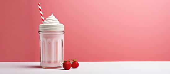 Poster - Copy space image of a refreshing strawberry milkshake in a jar adorned with a silver cap a red striped straw set against an elegant pink background