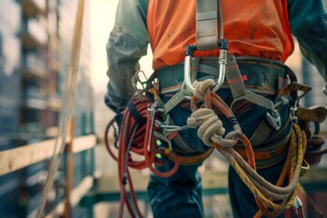 Wall Mural - A closeup of a construction worker in an orange safety vest holding a rope at a highrise construction site